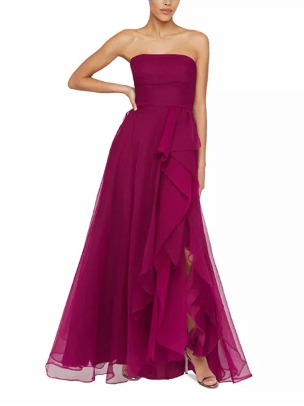 Strapless Fuchsia Ruffle-Front Evening Gown